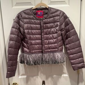 Feather-Trimmed Quilted Jacket in Gray